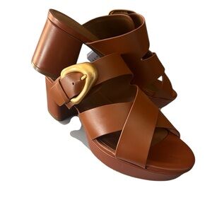 AEROSOLES Tan Platform Sandals with Gold Buckle